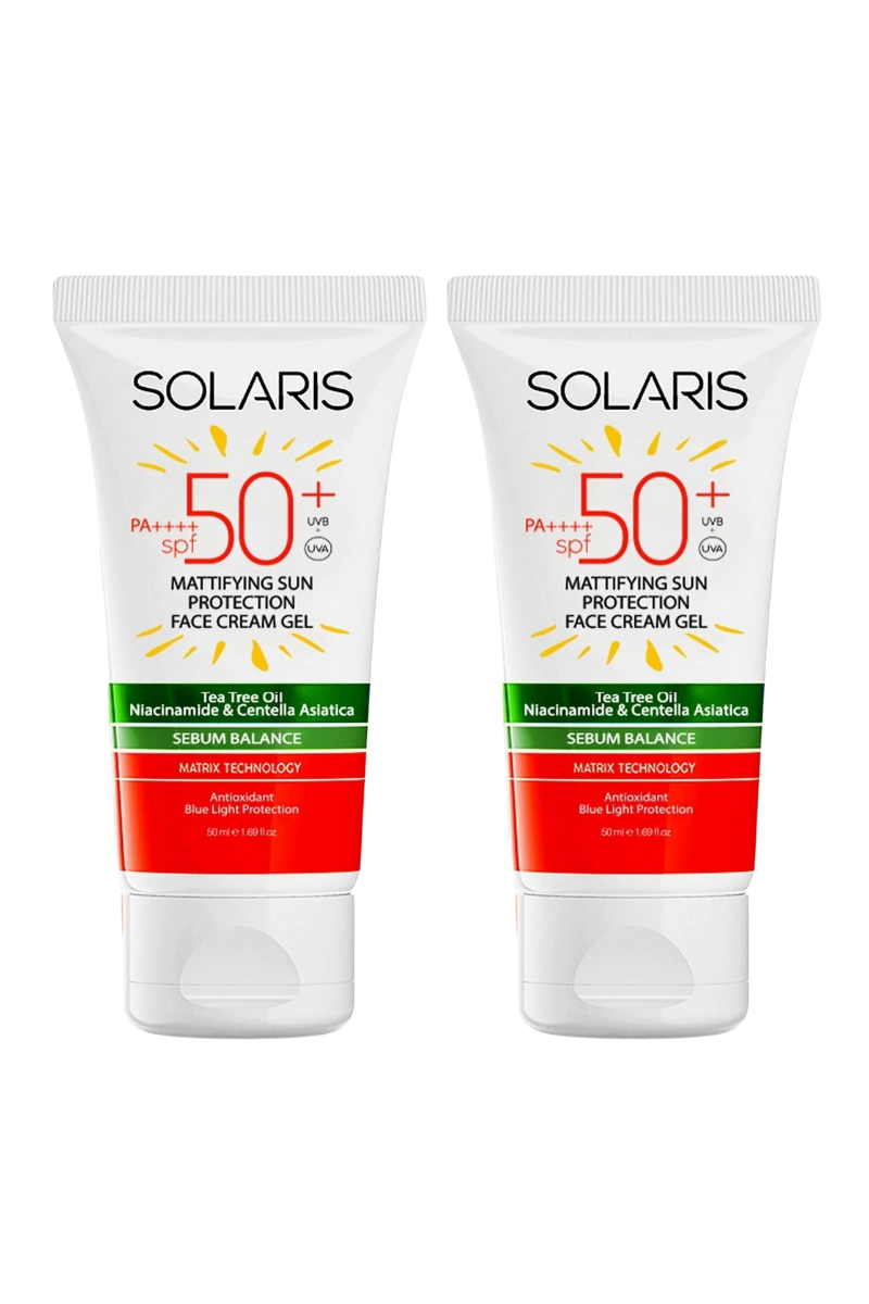 28-Solaris Yağlı Cilt Tipleri İçin Mat Bitişli Yaşlanma Karşıtı Jel Güneş Kremi SPF 50+ (50 ml) x 2 Adet