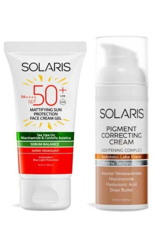 Solaris Yağlı Cilt Tipleri İçin Mat Bitişli Jel Güneş Kremi SPF 50+ (50 ml) ve Aydınlatıcı Leke Kremi 50 ml