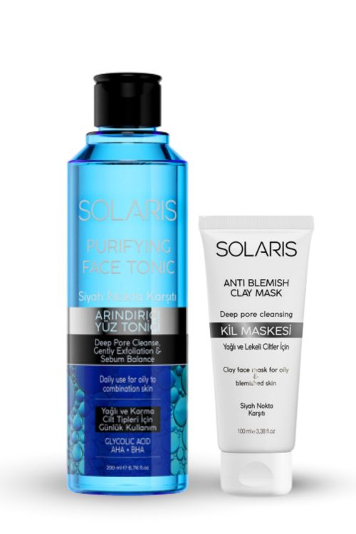 Solaris Kil Maskesi Yağlı ve Lekeli Ciltler İçin 100 ml ve Yağlı Ve Karma Ciltler Için Siyah Nokta Karşıtı Arındırıcı Yüz Temizleme Toniği 200 ml